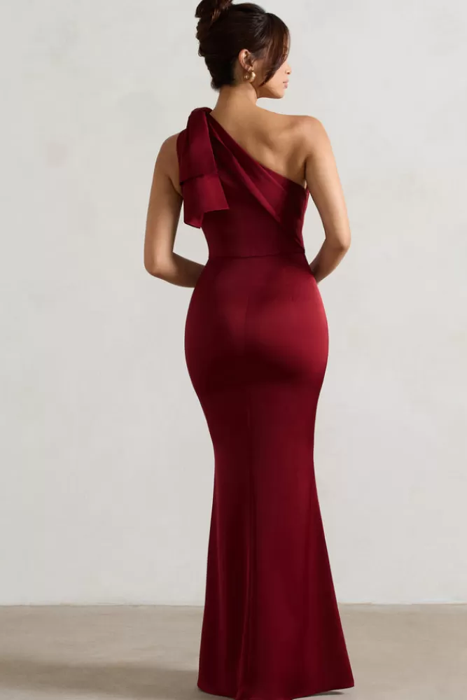 Club L London Lady | Satin One Shoulder Maxi Dress With Bow BERRY Outlet