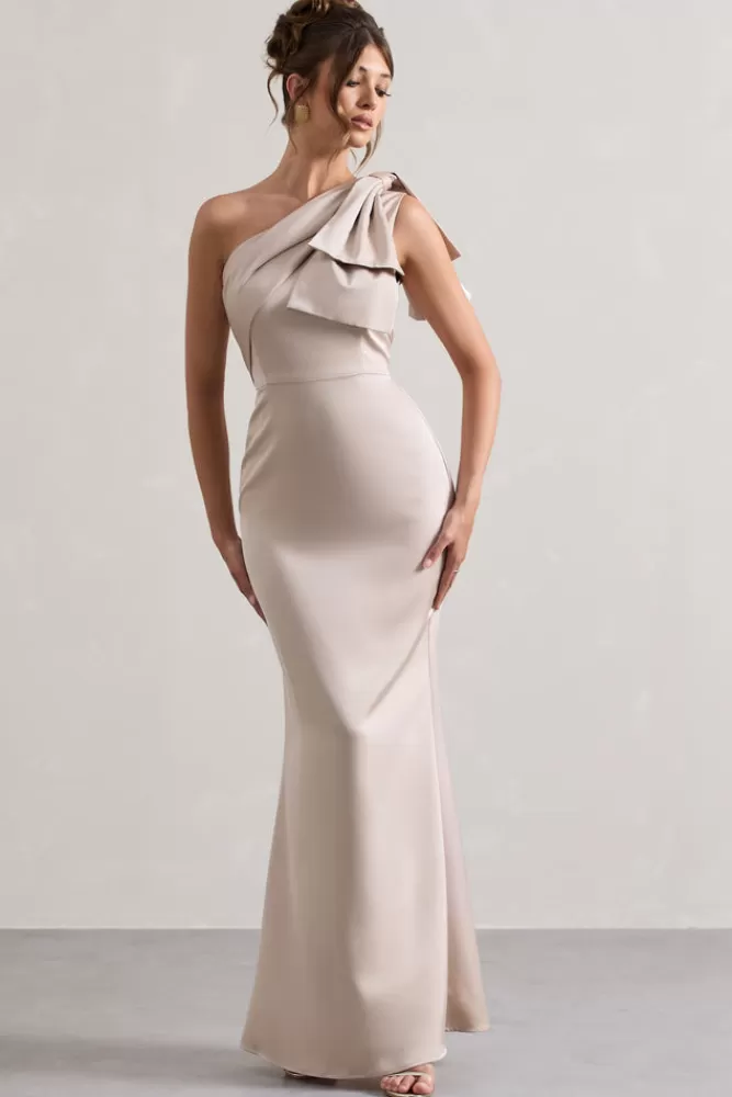 Club L London Lady | Satin One Shoulder Maxi Dress With Bow CHAMPAGNE Best