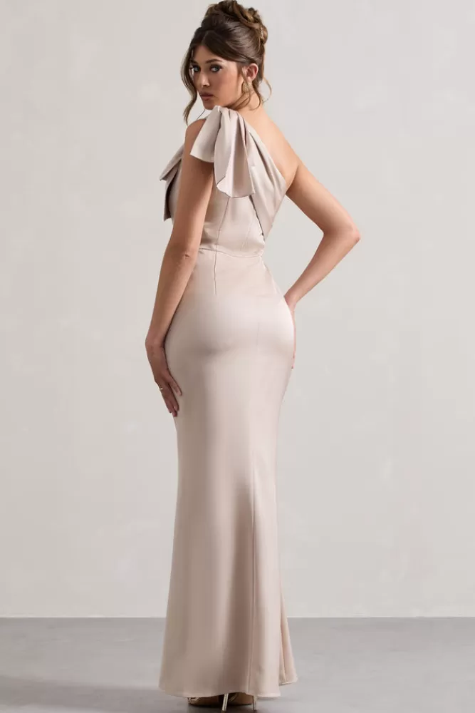 Club L London Lady | Satin One Shoulder Maxi Dress With Bow CHAMPAGNE Best