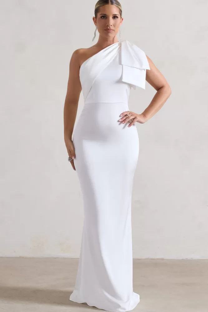 Club L London Lady | Satin One Shoulder Maxi Dress With Bow WHITE New