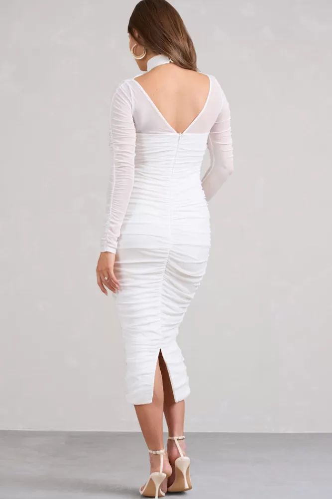 Club L London Lady In Waiting | Ruched Mesh Long-Sleeved Maternity Midi Dress WHITE Cheap