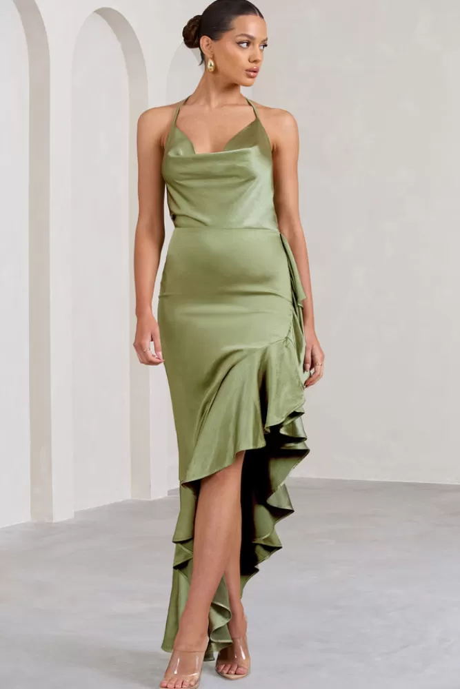 Club L London Lady Rosselini | Strappy Asymmetric Ruffled Maxi Dress OLIVE Flash Sale