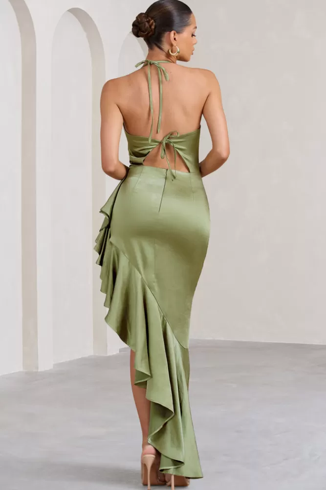 Club L London Lady Rosselini | Strappy Asymmetric Ruffled Maxi Dress OLIVE Flash Sale