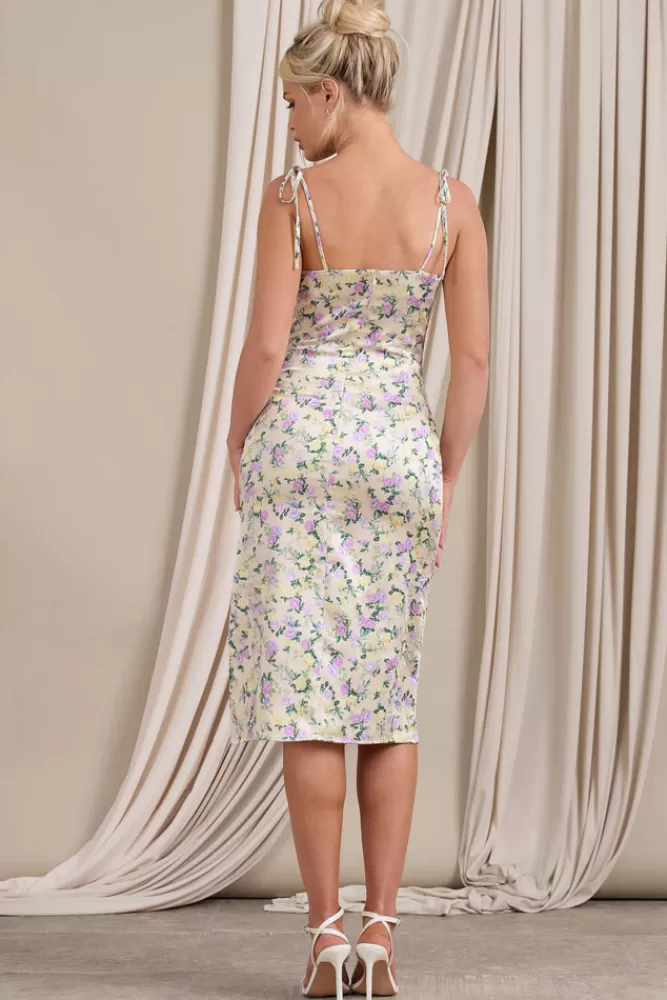 Club L London Lady Vitti | Floral Print Satin Strappy Split Midi Dress MULTI Outlet