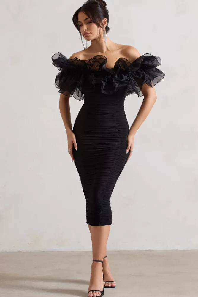 Club L London Ladylike | Ruched Bardot Midi Dress With Organza Trim BLACK Best Sale
