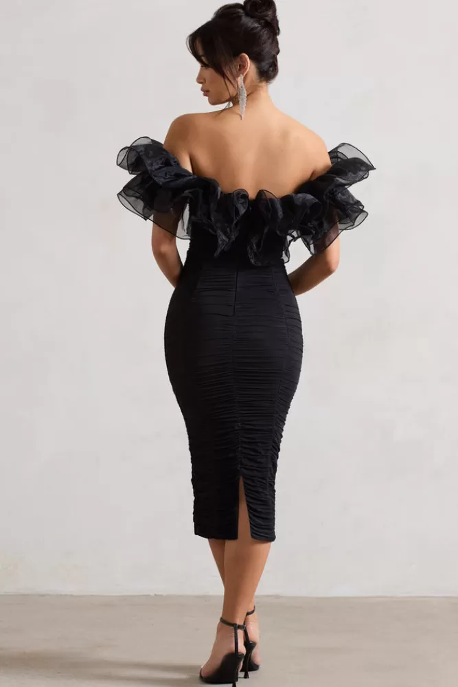 Club L London Ladylike | Ruched Bardot Midi Dress With Organza Trim BLACK Best Sale