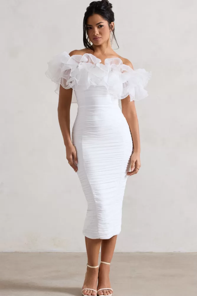 Club L London Ladylike | Ruched Bardot Midi Dress With Organza Trim WHITE Cheap