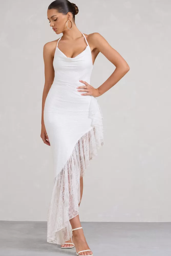 Club L London Ladyship | Lace Asymmetric Ruffled Maxi Dress WHITE Sale