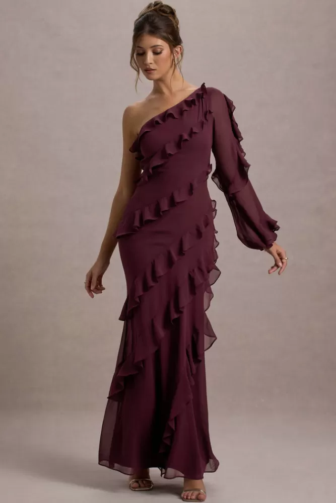 Club L London Lalika | Asymmetric One-Sleeve Ruffle Maxi Dress BURGUNDY Outlet