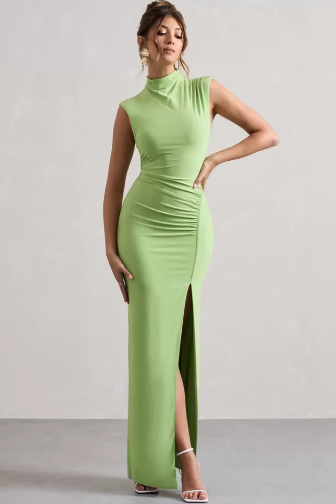 Club L London Lanetta | Light Green Ruched High-Neck Maxi Dress With Split FRESHGREEN Best