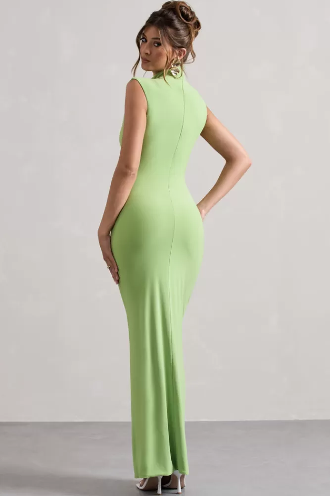 Club L London Lanetta | Light Green Ruched High-Neck Maxi Dress With Split FRESHGREEN Best