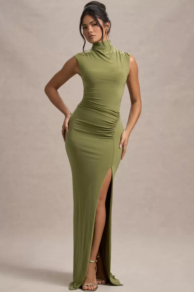 Club L London Lanetta | Olive Ruched High-Neck Maxi Dress With Split olivegreen Best