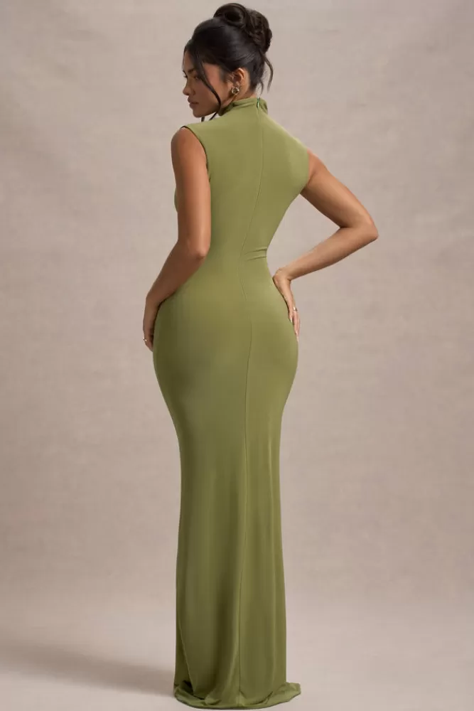 Club L London Lanetta | Olive Ruched High-Neck Maxi Dress With Split olivegreen Best