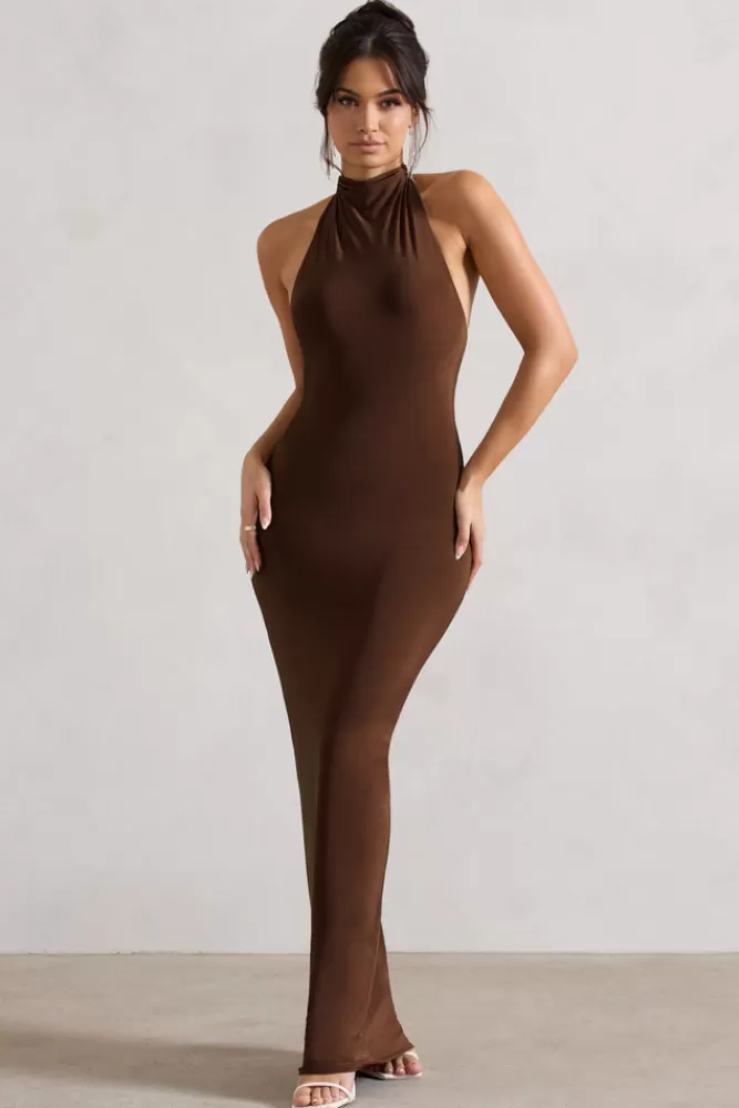 Club L London Larisa | Dark Brown Cowl Halter-Neck Maxi Dress With Back Detail CHOCOLATEDRIZZLE Best Sale