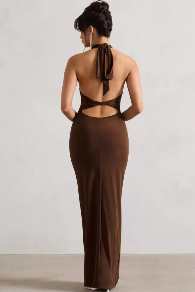 Club L London Larisa | Dark Brown Cowl Halter-Neck Maxi Dress With Back Detail CHOCOLATEDRIZZLE Best Sale