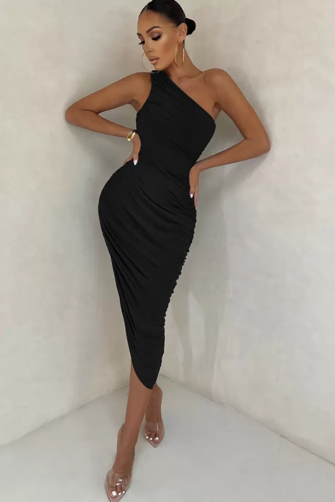 Club L London Late Night | Asymmetric One Shoulder Ruched Midi Dress Black Outlet