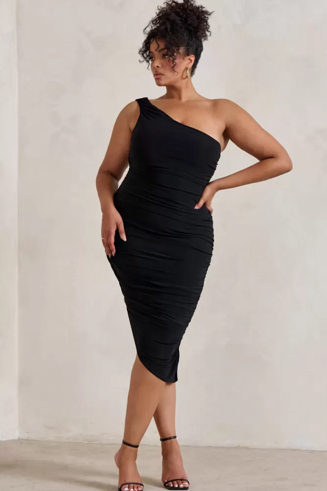 Club L London Late Night | Asymmetric One Shoulder Ruched Midi Dress Black Outlet