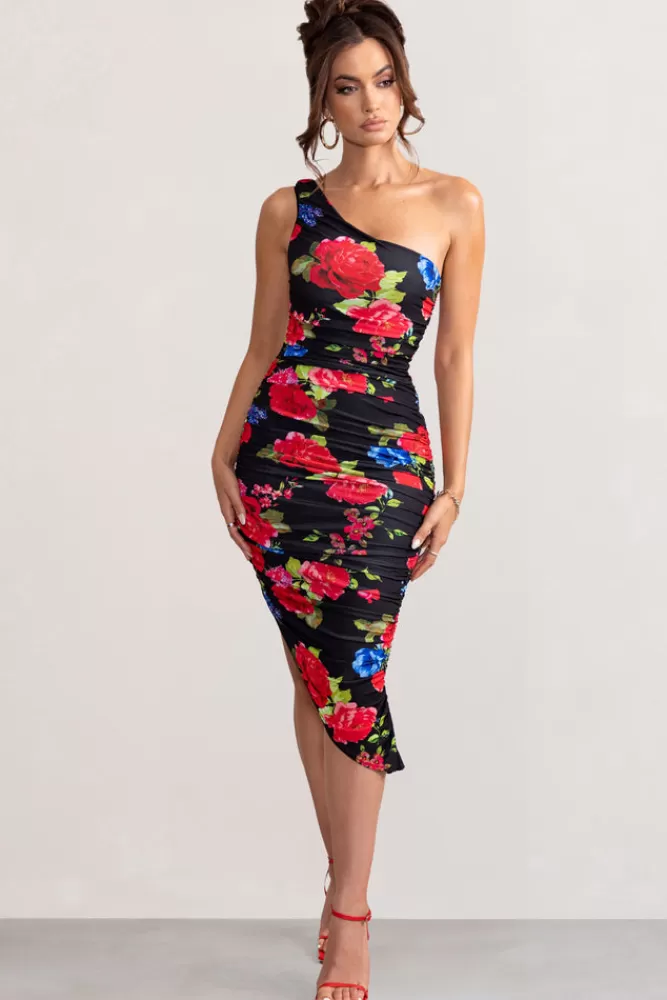 Club L London Late Night | Black Floral Print Asymmetric One Shoulder Ruched Midi Dress BlackFloral Shop
