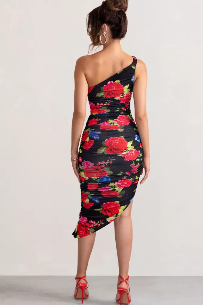 Club L London Late Night | Black Floral Print Asymmetric One Shoulder Ruched Midi Dress BlackFloral Shop