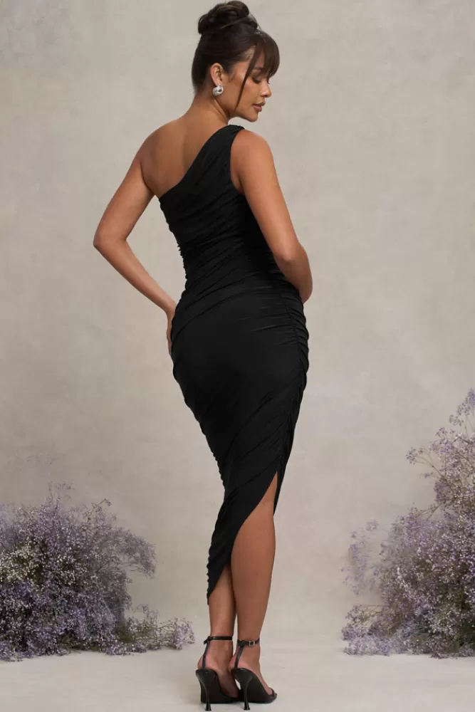 Club L London Late Night | Maternity Ruched One Shoulder Midi Dress BLACK Outlet