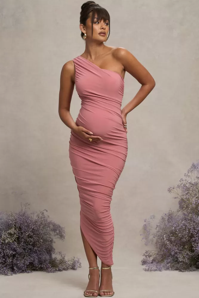 Club L London Late Night | Pink Maternity Ruched One Shoulder Midi Dress BLUSH Hot