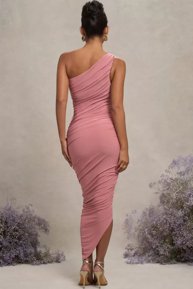 Club L London Late Night | Pink Maternity Ruched One Shoulder Midi Dress BLUSH Hot