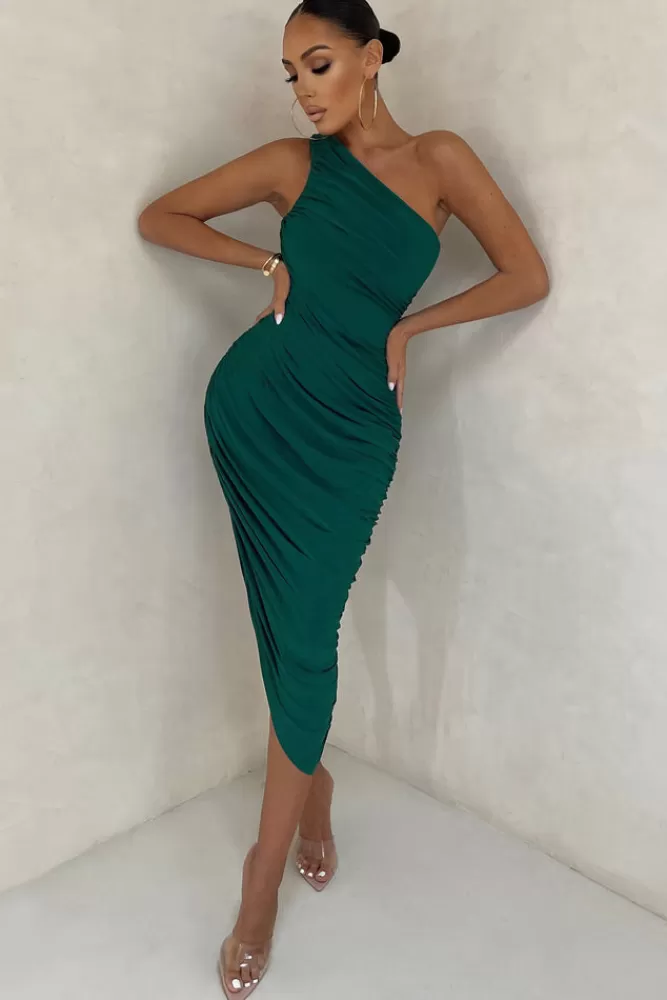 Club L London Late Night | Bottle Green Asymmetric One Shoulder Ruched Midi Dress BottleGreen Cheap