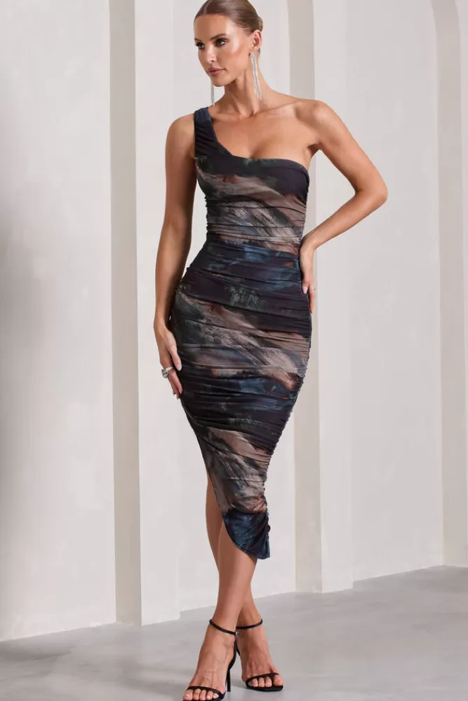 Club L London Late Night | Brown And Blue Print Asymmetric One Shoulder Ruched Midi Dress BLACK Store