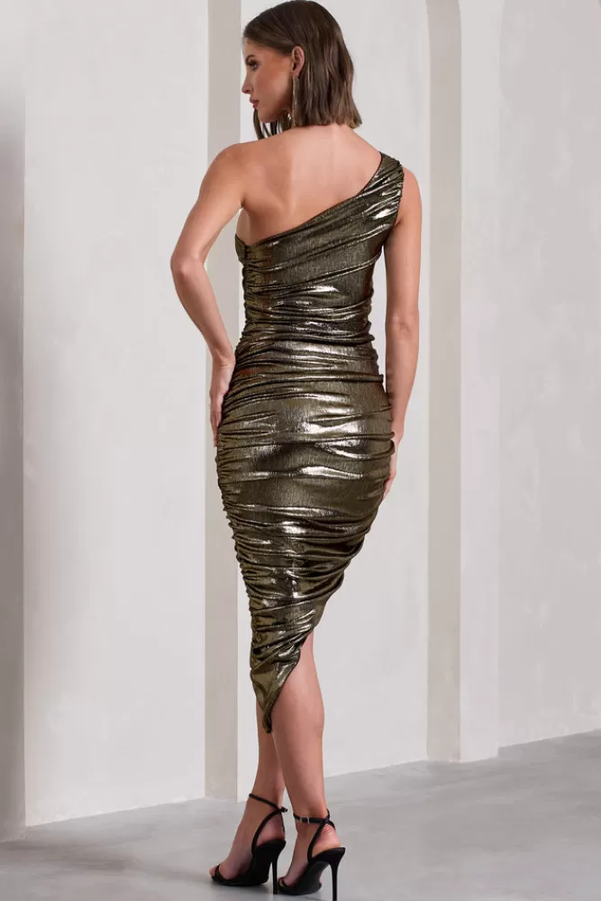 Club L London Late Night | Metallic Asymmetric One-Shoulder Midi Dress GOLD Fashion