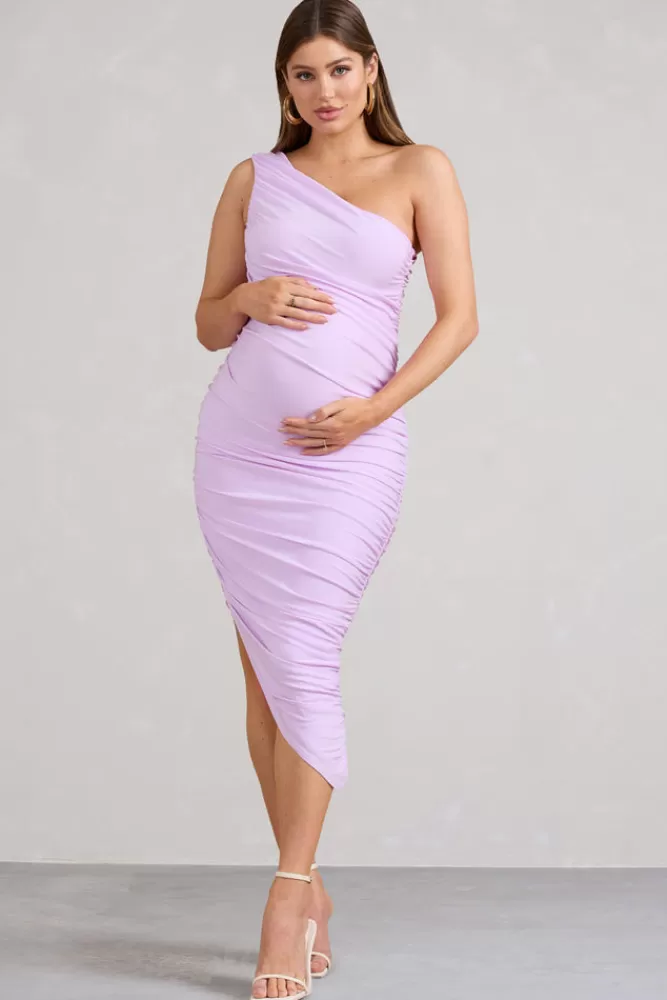 Club L London Late Night | Maternity Ruched One Shoulder Midi Dress LILAC Best