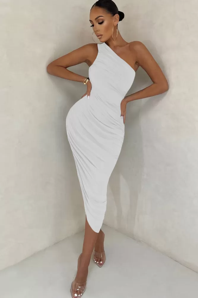 Club L London Late Night | Off White Asymmetrical One Shoulder Ruched Midi Dress OffWhite Best