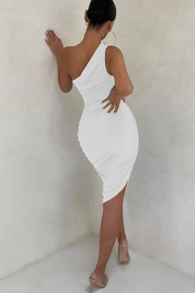 Club L London Late Night | Off White Asymmetrical One Shoulder Ruched Midi Dress OffWhite Best