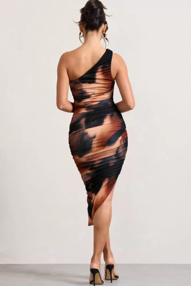 Club L London Late Night | Orange Smoke Print Asymmetric One Shoulder Ruched Midi Dress MULTI Best Sale