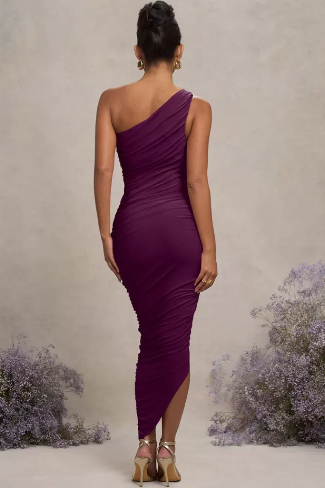 Club L London Late Night | Maternity Ruched One Shoulder Midi Dress PLUM Best Sale