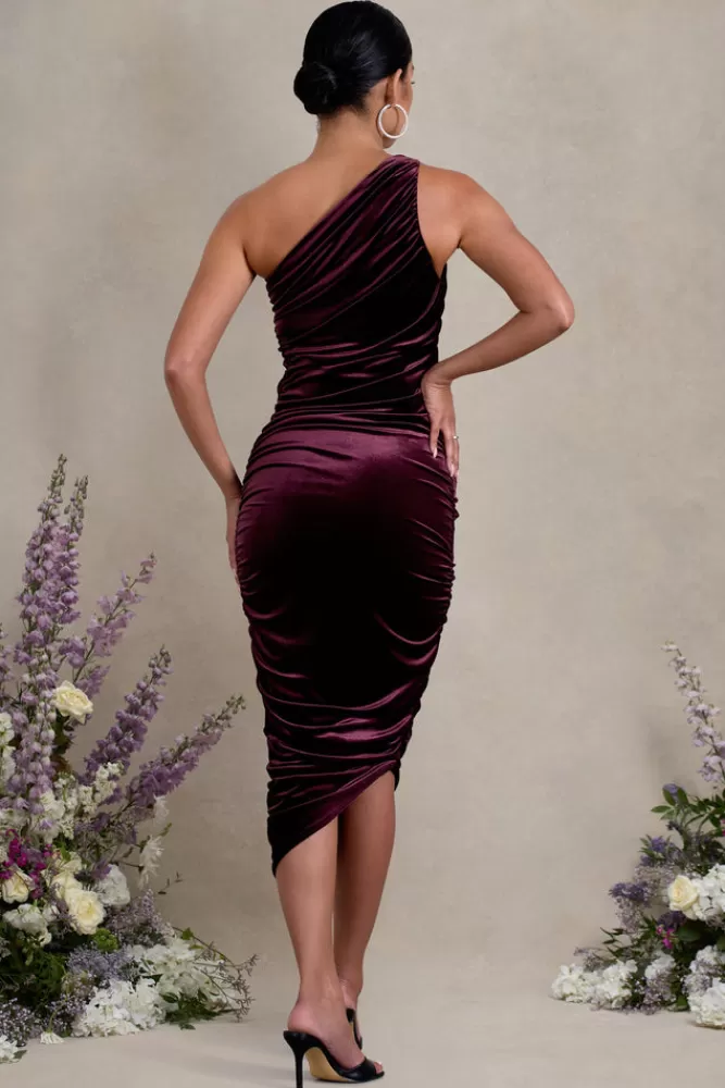 Club L London Late Night | Velvet Maternity Ruched One Shoulder Midi Dress PORT Hot