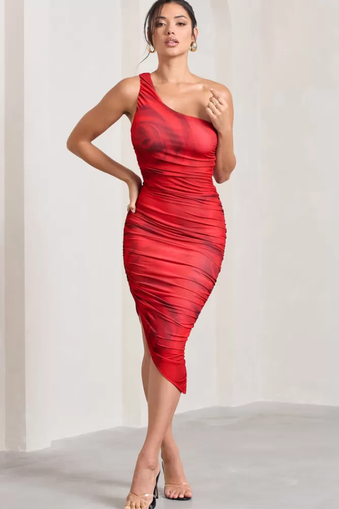 Club L London Late Night | Red Rose Print Asymmetric One Shoulder Ruched Midi Dress REDROSE Cheap