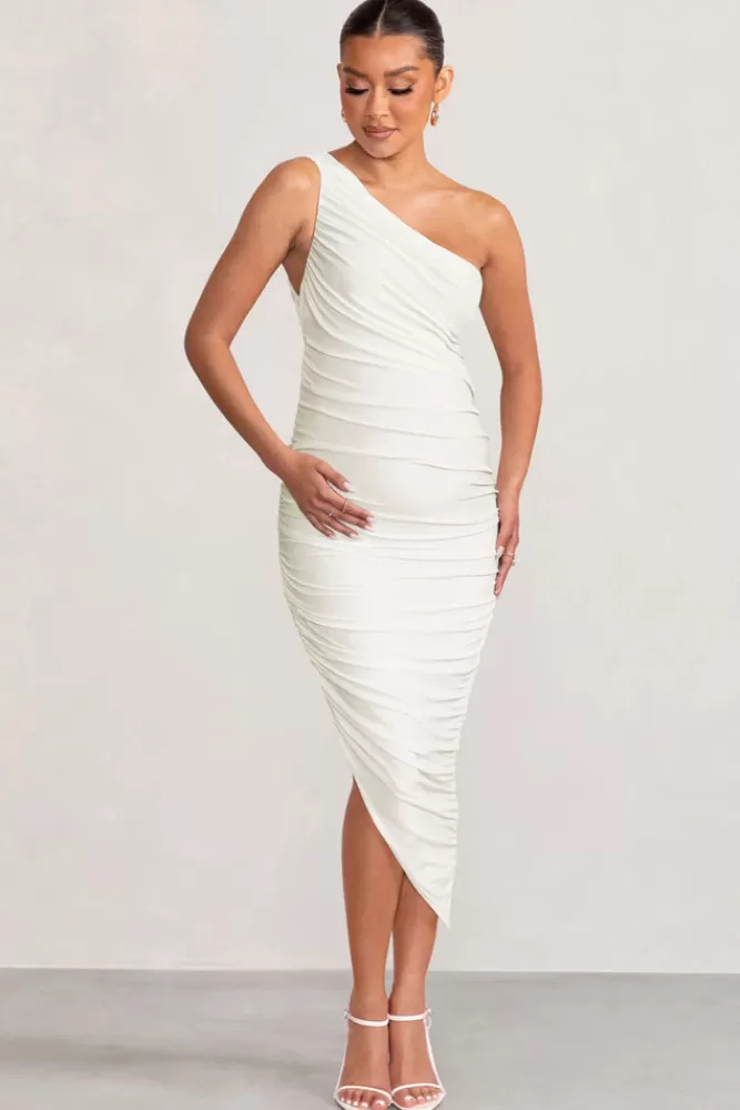 Club L London Late Night | Maternity Ruched One Shoulder Midi Dress WHITE Sale