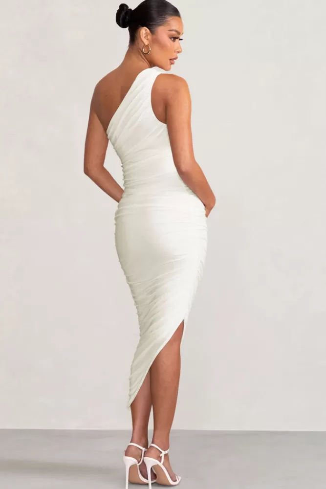 Club L London Late Night | Maternity Ruched One Shoulder Midi Dress WHITE Sale