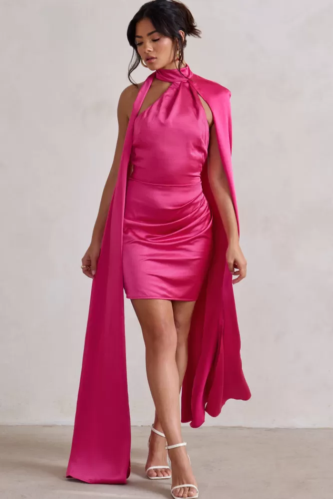 Club L London Laurelie | Hot Pink Satin Statement Cape Design Mini Dress HOTPINK Online