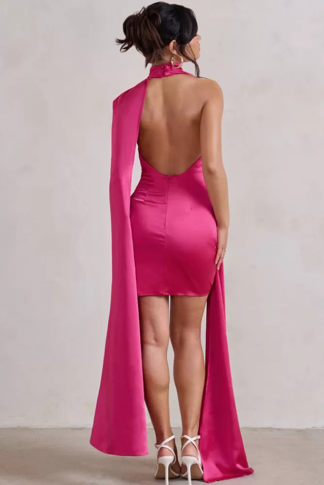 Club L London Laurelie | Hot Pink Satin Statement Cape Design Mini Dress HOTPINK Online