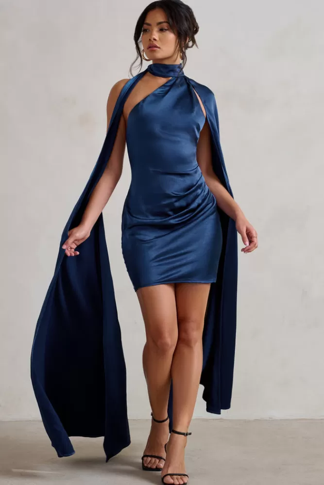 Club L London Laurelie | Satin Statement Cape Design Mini Dress NAVY New