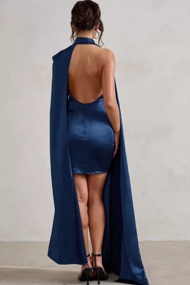 Club L London Laurelie | Satin Statement Cape Design Mini Dress NAVY New