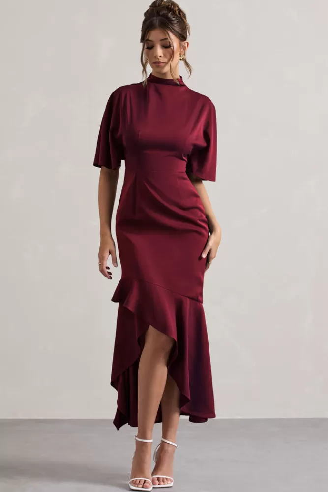 Club L London Lavinia | High-Neck Flutter-Sleeve Asymmetric Maxi Dress BERRY Fashion