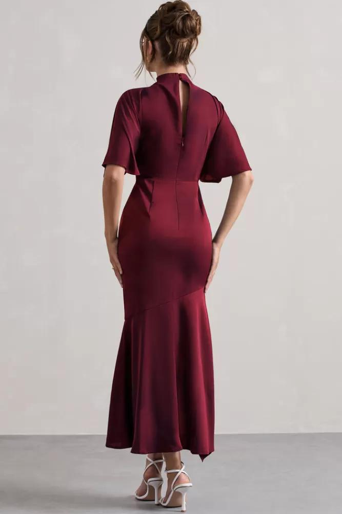 Club L London Lavinia | High-Neck Flutter-Sleeve Asymmetric Maxi Dress BERRY Fashion