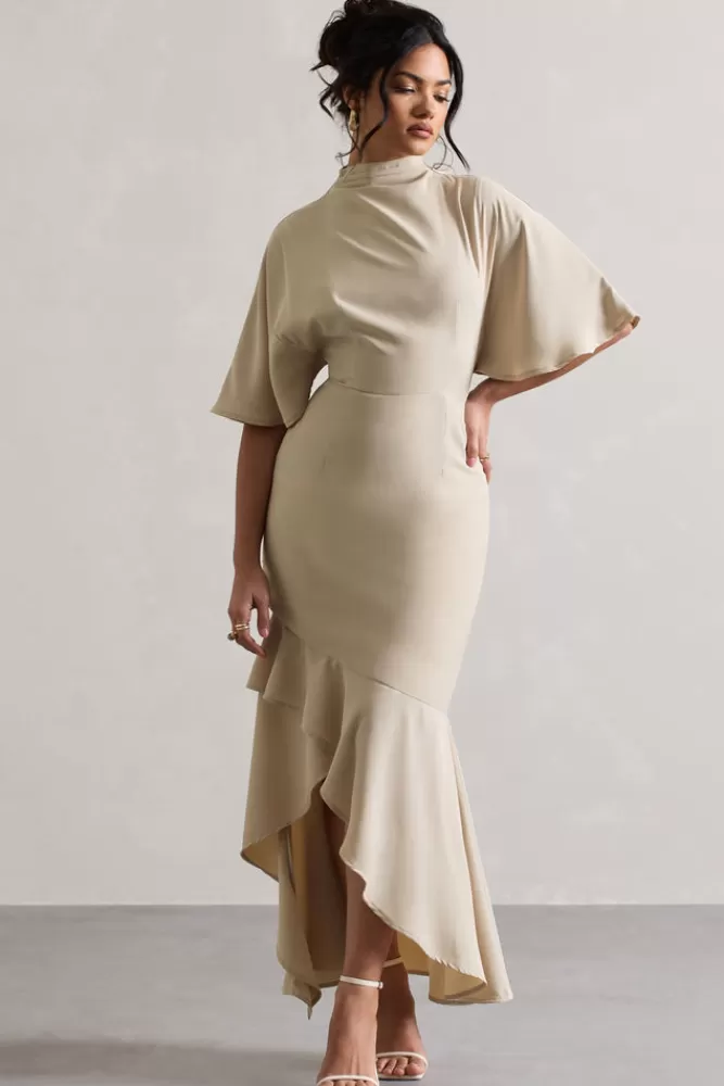 Club L London Lavinia | High-Neck Flutter-Sleeve Asymmetric Maxi Dress CHAMPAGNE Cheap