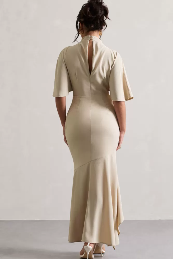 Club L London Lavinia | High-Neck Flutter-Sleeve Asymmetric Maxi Dress CHAMPAGNE Cheap