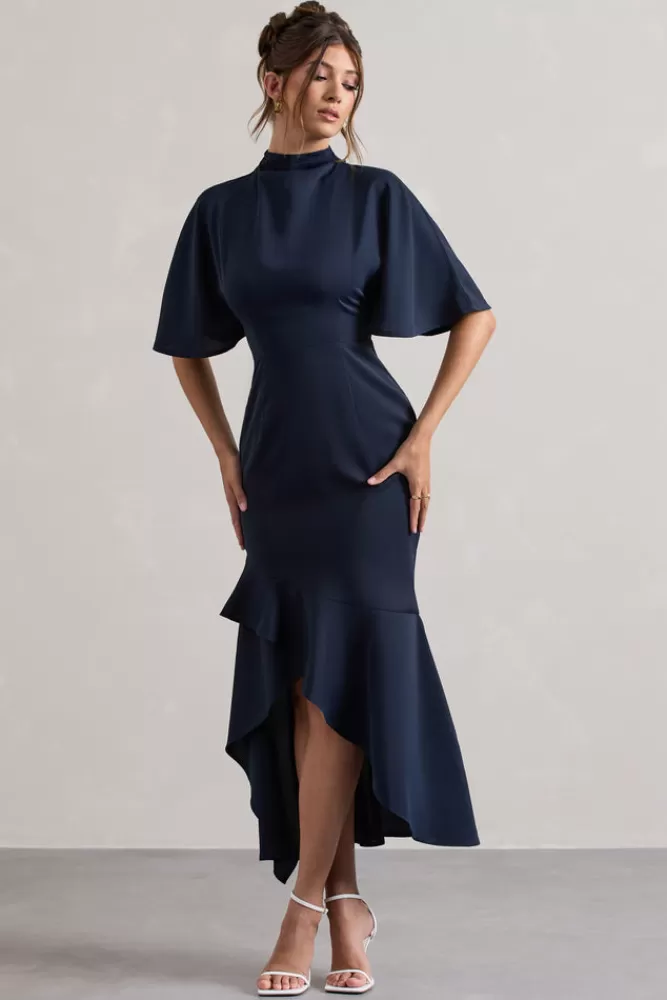 Club L London Lavinia | High-Neck Flutter-Sleeve Asymmetric Maxi Dress NAVY Cheap