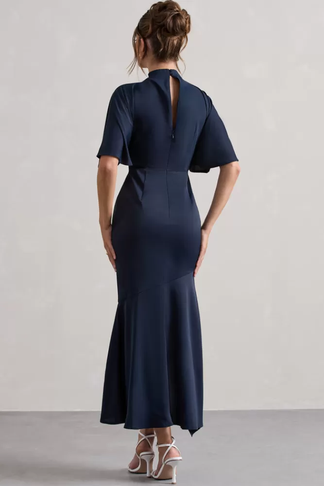 Club L London Lavinia | High-Neck Flutter-Sleeve Asymmetric Maxi Dress NAVY Cheap