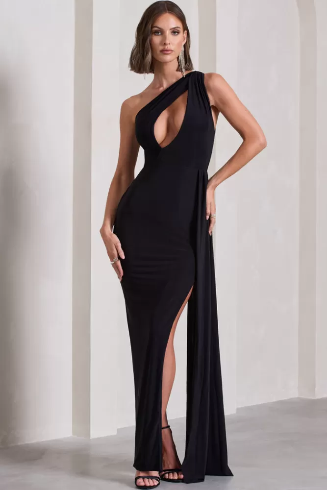 Club L London Lavish | One Shoulder Drape Maxi Dress Black Best Sale