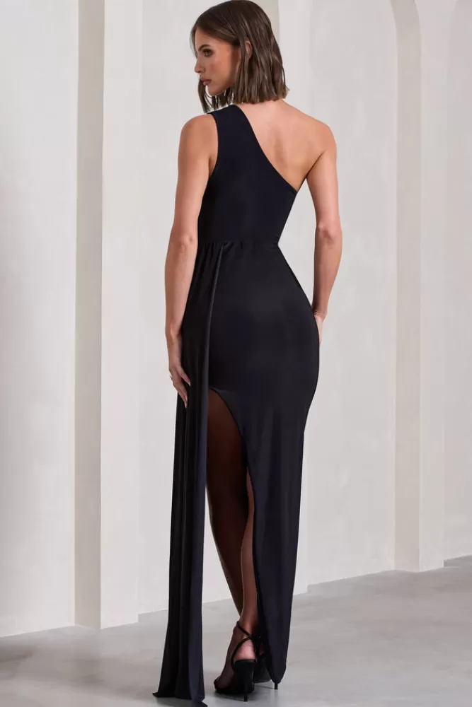 Club L London Lavish | One Shoulder Drape Maxi Dress Black Best Sale